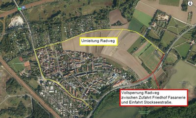 Der Radweg Memmelsdorf-Lichteneiche muss im Zuge der Erneuerung der Wasserleitung Memmelsdorf-Lichteneiche in Teilabschnitten gesperrt werden, Plan © Gemeinde Memmelsdorf